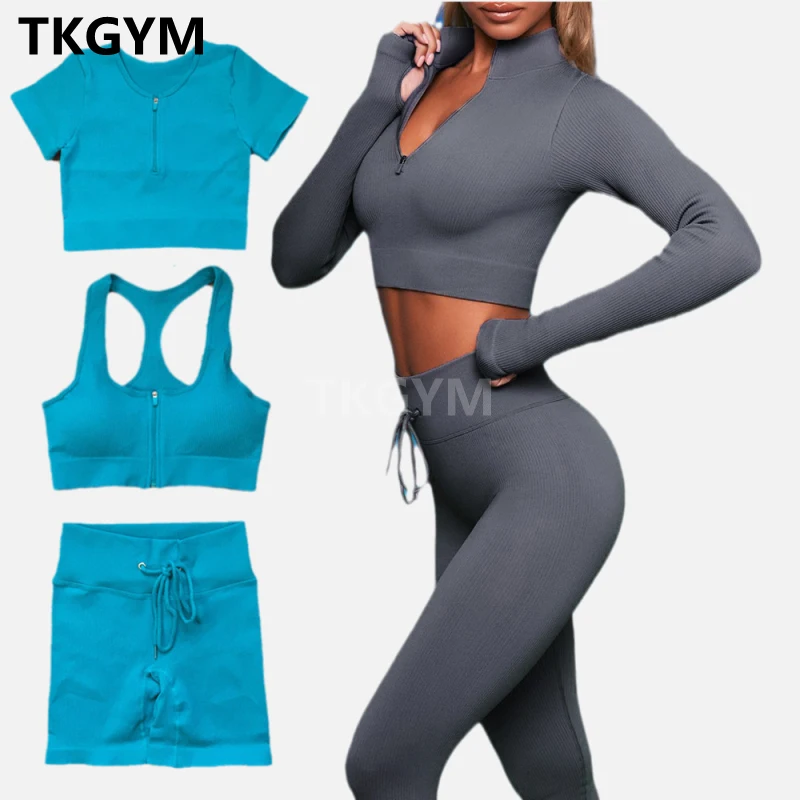 

2022 Zipper Gym Shirt Sport Bra Workout Set Women Yoga Suit Seamless Crop Top Fitness Shorts Gym Leggings Sportswear Tracksuit