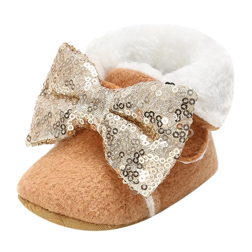 B Теплые зимние ботинки с блестками и бантом для маленьких девочек; bootie shoes; Детский костюм; высокое качество - Цвет: B