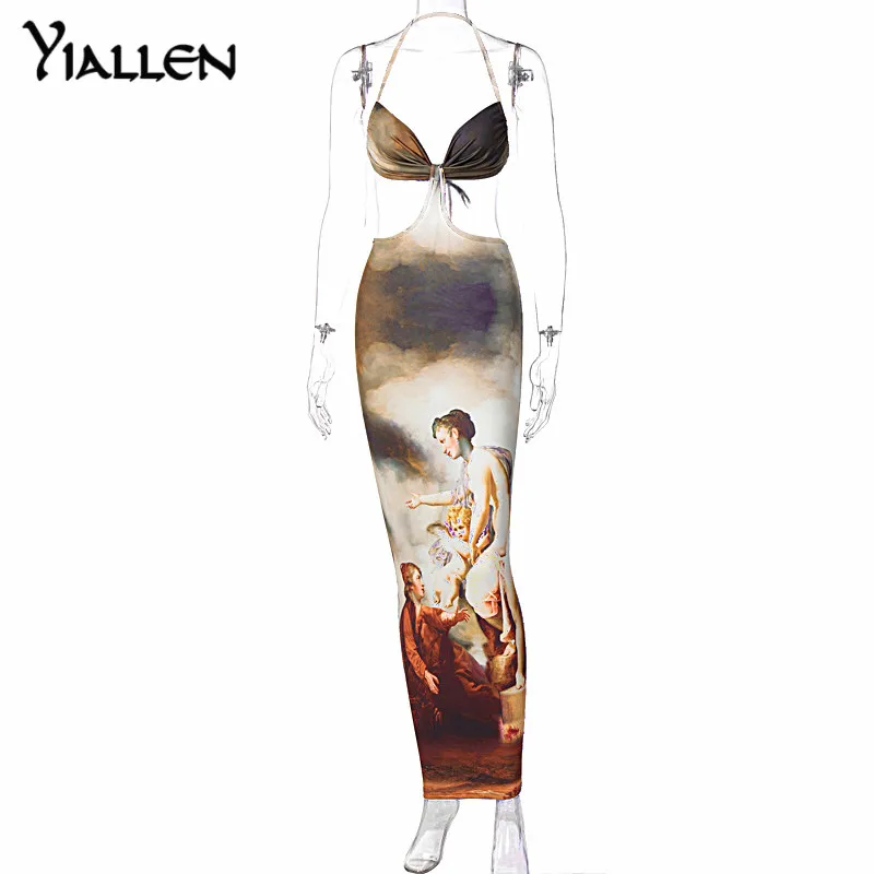 

Yiallen Autumn Women Summer V Neck Sleevless Sexy Hollow Out Printed Backless Pencil Long Dress 2021 Fall Clothes Streetwear Hot
