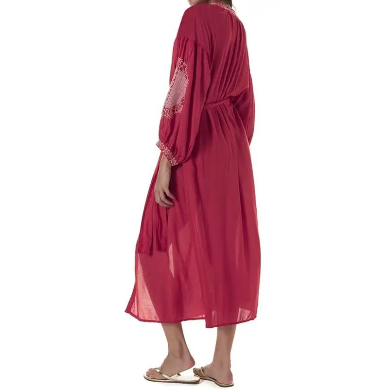 Женское богемное пляжное платье с вышивкой спереди красное летнее длинное