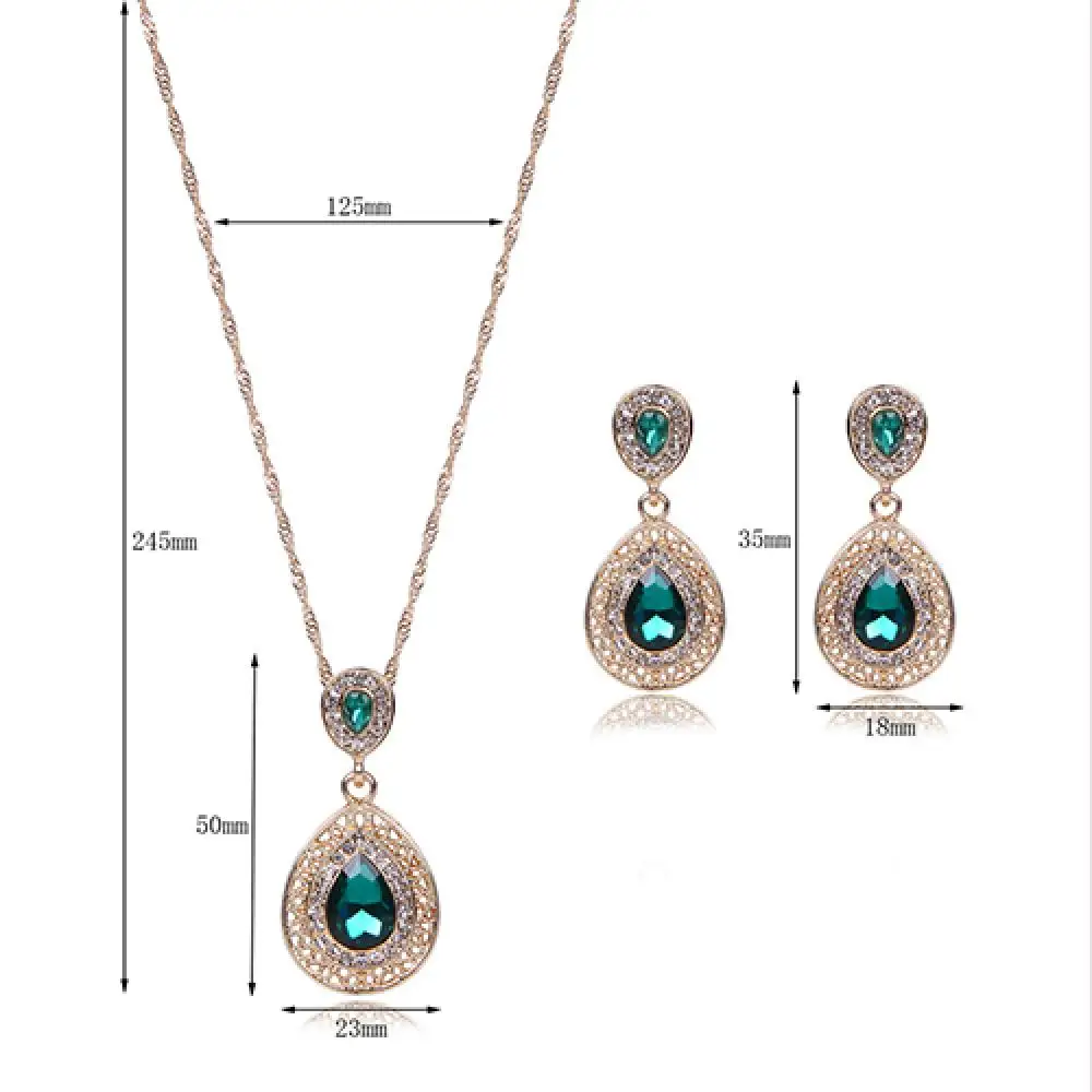 

Women Fashion Luxury Waterdrop Green Rhinestone Pendant Necklace Earrings Jewelry Set