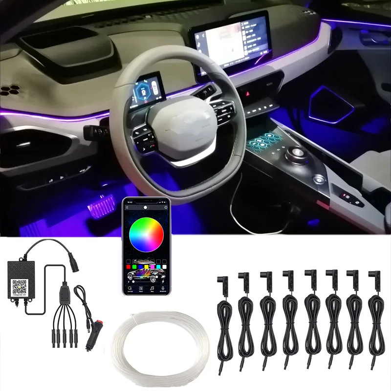 

12V Backlight RGB Multiple Modes App Sound Control Auto Interior Decorative Ambient Neon Lamp Car Atmosphere Lights Mood Light