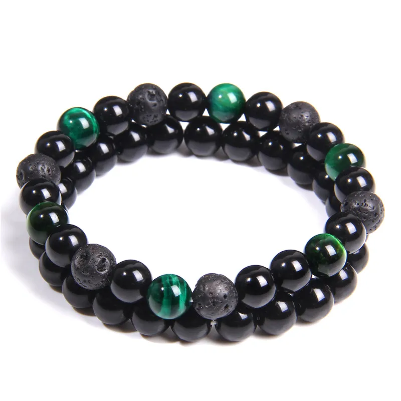 Браслет мужской из натурального зеленого тигрового глаза с бусинами лавового