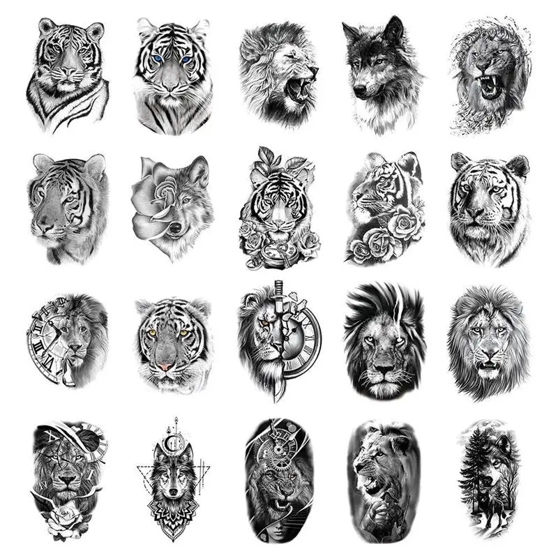 

Временные 3d-татуировки на большие руки, 20 листов, водонепроницаемые наклейки-татуировки с животными, черные 3D реалистичные тату-наклейки дл...