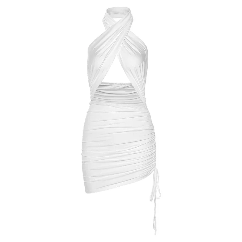

European and American style 2021 summer new women's hanging neck halter fashion hollow sexy slim bag hip dress women
