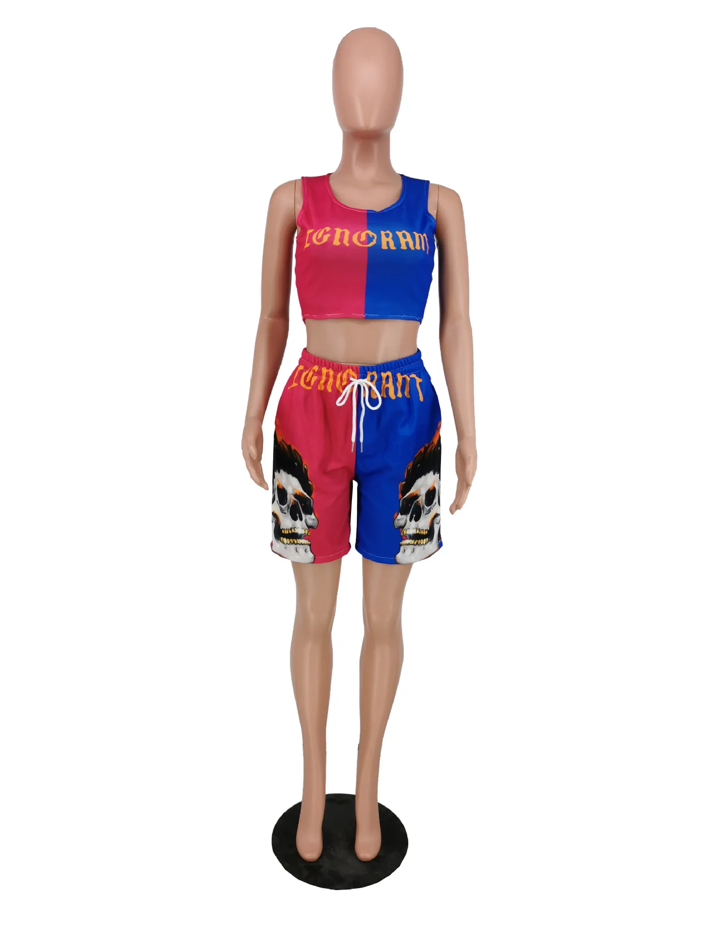 

Color Block Letter Skull Print Women's Sport Suit Hip Hop Bandage Tank Top+Drawstring Biker Short Summer Casual Athleisure Sets