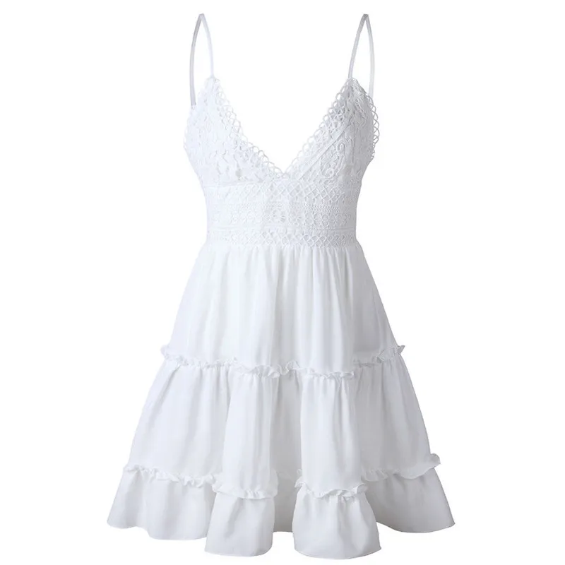 

Sexy V-neck Bow Backless Mini Beach Dresse Sleeveless Mini Ruffle White Summer Beach Dress 2020 New Arrivals