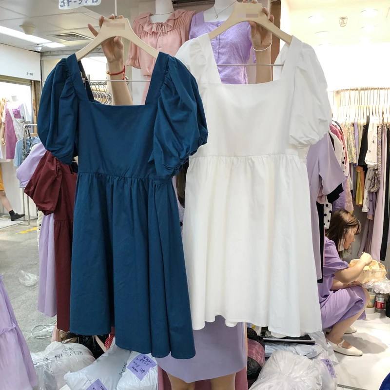 

Платье с пышными рукавами женское летнее однотонное тонкое элегантное Молодежное приталенное милое платье-трапеция с квадратным вырезом