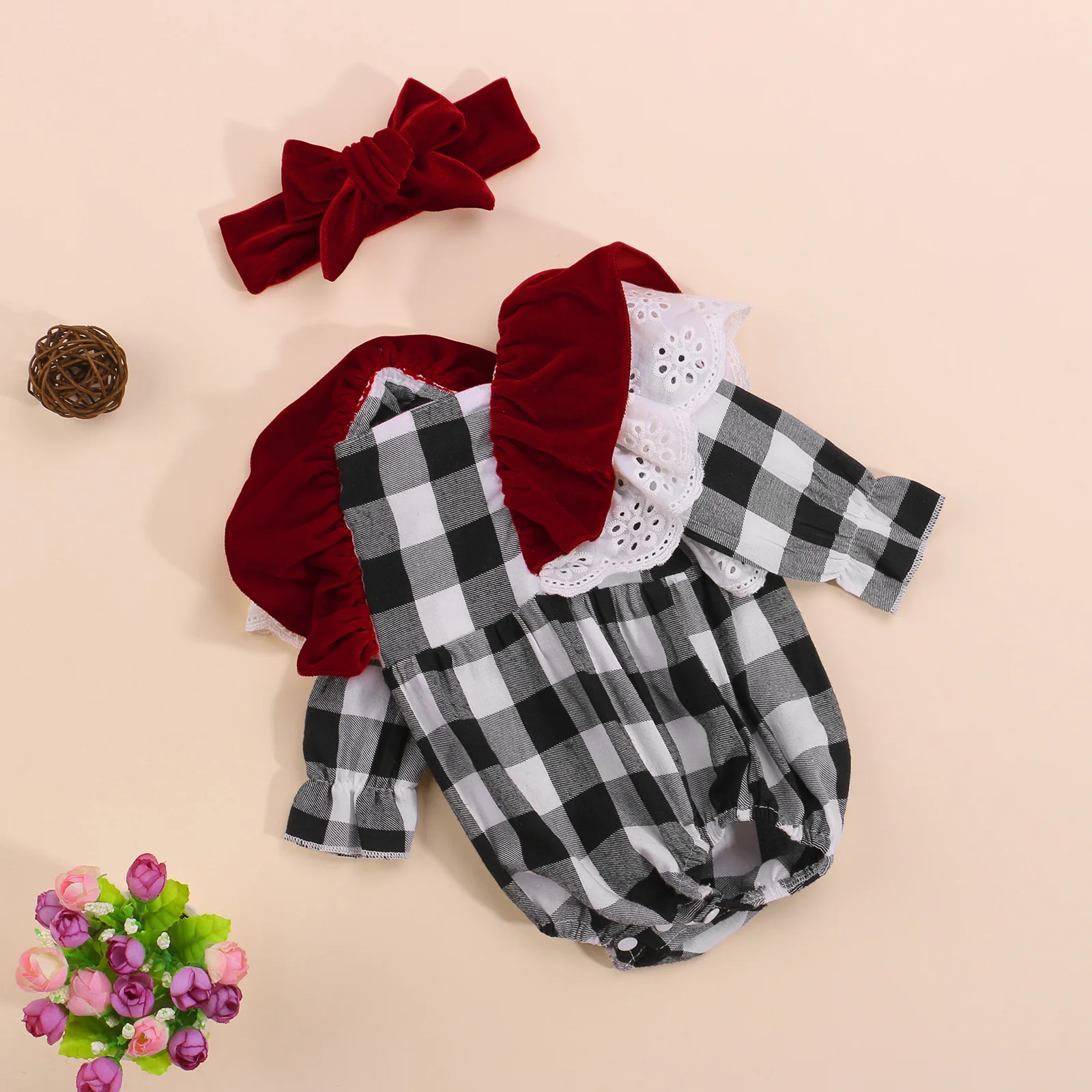 

0-18 months Baby Girls Two-piece Clothes Set, Plaid Printed Pattern Long Sleeve Romper and Bow Knot Headdress