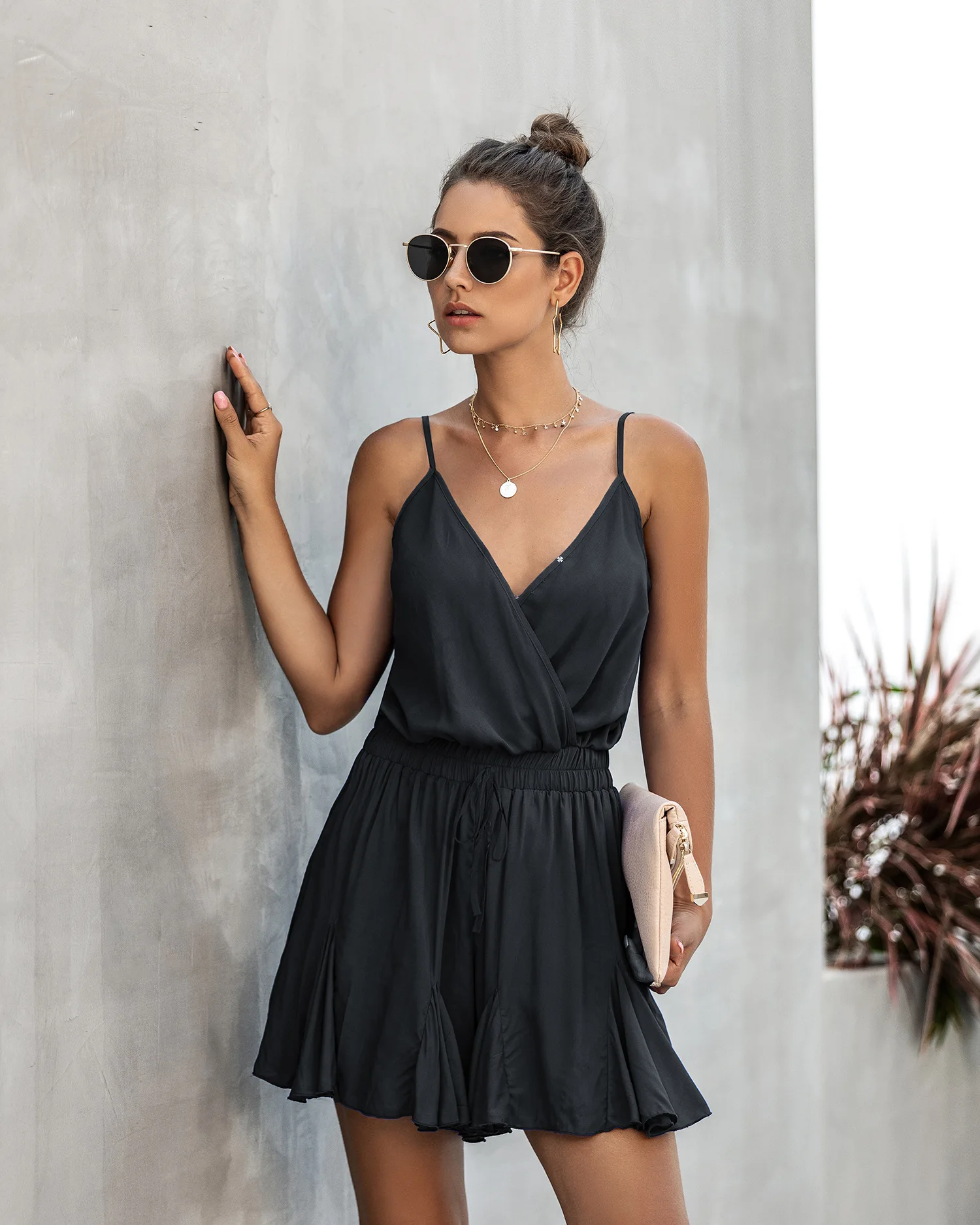 

Summer 2021 Fashion Suspender V-neck Elastic Waist Solid Color A-swing Women's Pants bodysuit