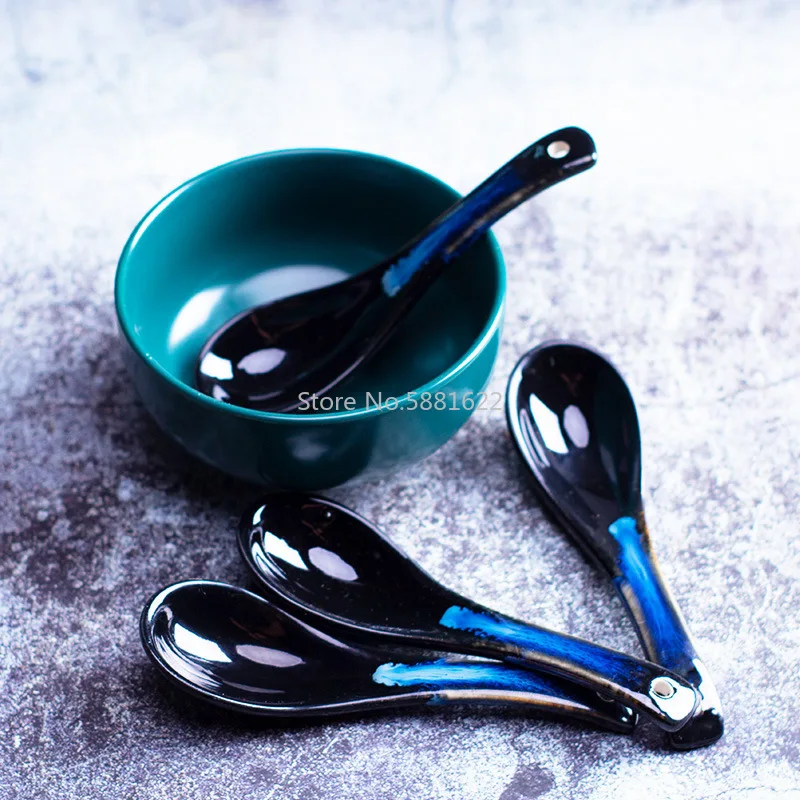 1 шт. японская синяя черная керамическая ложка для печи с длинной ручкой супа