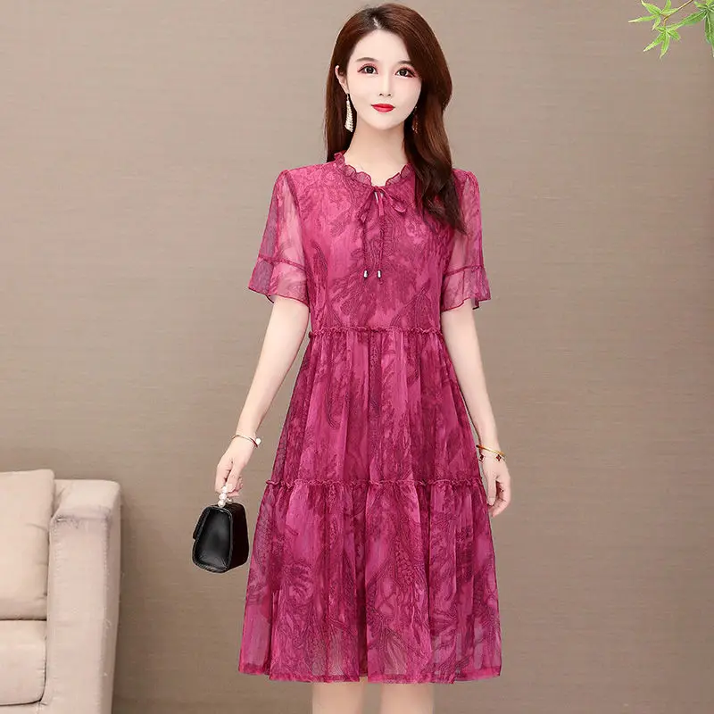 

2021 Summer Vintage Blue Midi Dress Plus Size Short Sleeve Floral Print Dresses Elegant Women Bodycon Party Vestidos X44