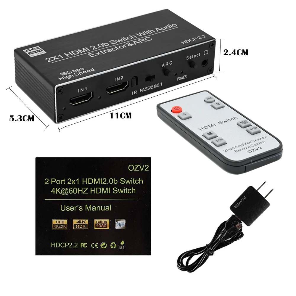 HDMI переключатель 2x1 4K @ 60 Гц 2.0b аудио экстрактор с Toslink оптический и RCA SPDIF