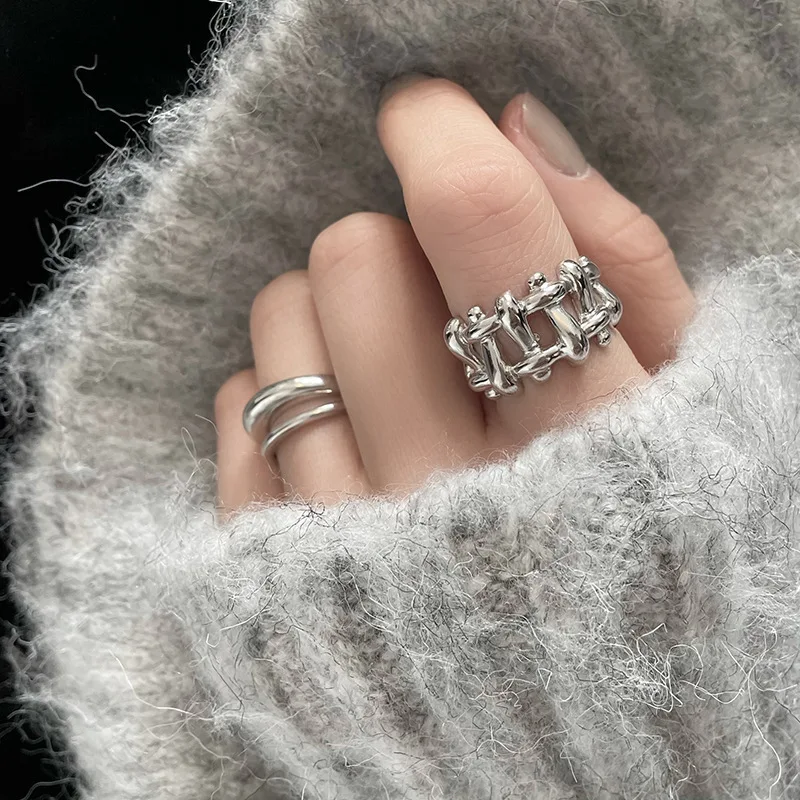 

FMILY Minimalist 925 Sterling Silver Line Hollow Splicing Ring Retro Fashion Hip Hop Geometric Jewelry for Girlfriend Gift