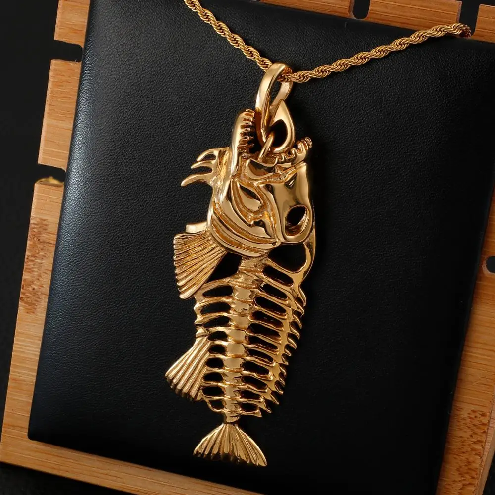 

Fongten Retro Fish Skeleton Pendant Necklace Gothic Style Men Stainless Steel Big Heavy Pendants Necklaces Special Gift