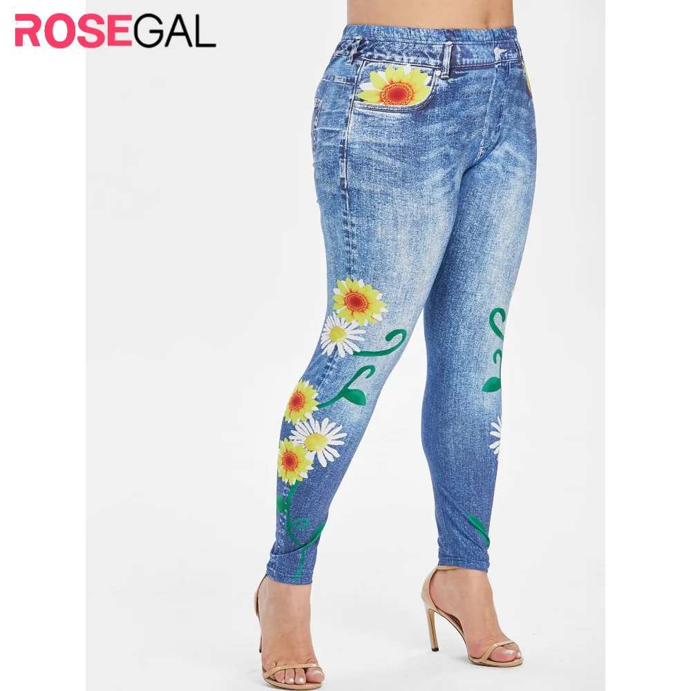 ROSEGAL размера плюс с принтом подсолнуха обтягивающие 3D джеггинсы эластичной