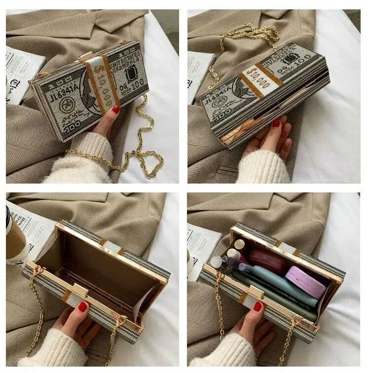 

Money Clutch Rhinestone Purse 10000 Dollars Stack of Cash Evening Handbags Shoulder Wedding Dinner Bag 8 Color