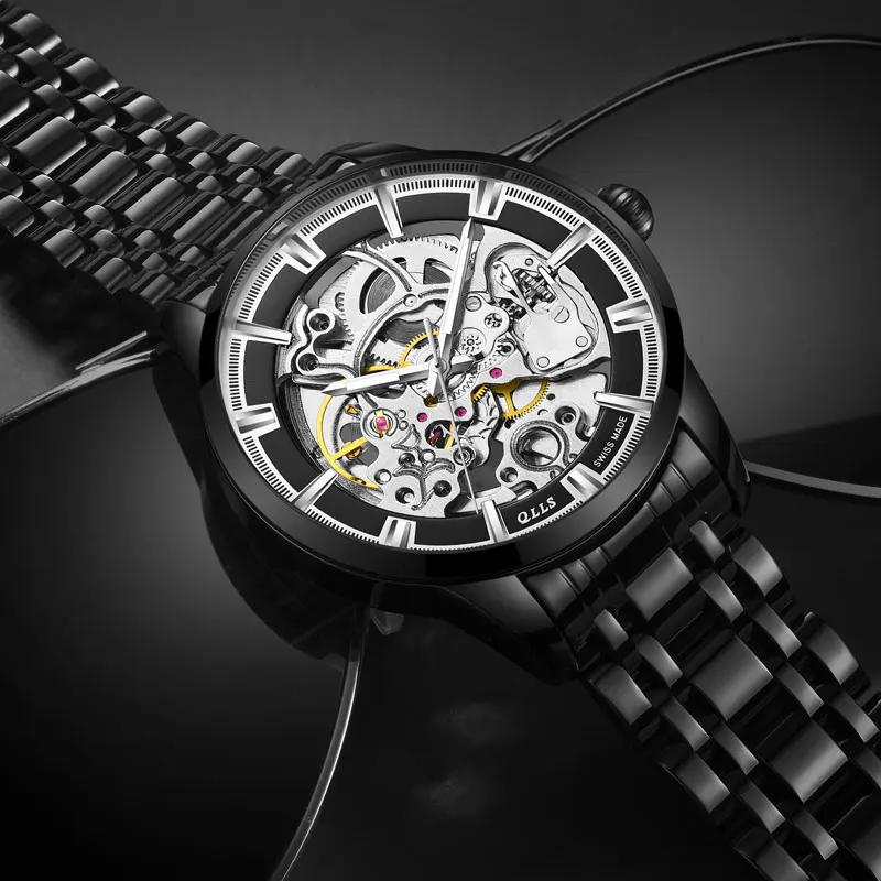 

Men's automatic mechanical wristwatch waterproof luminous hollow design stainless steel watchband Fashion Male clock