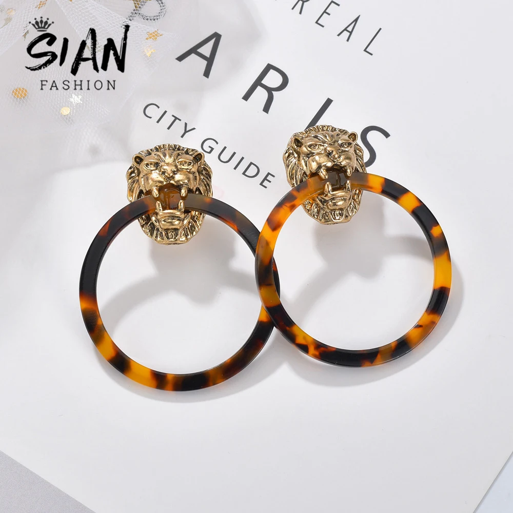 Азии в стиле панк с изображением головы льва леопардовым принтом круглые серьги