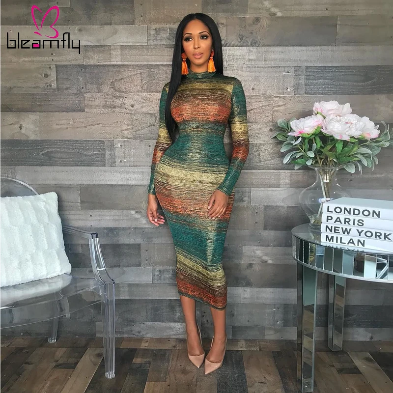 Градиентный цвет полосатый принт с длинным рукавом бодикон Платье женское