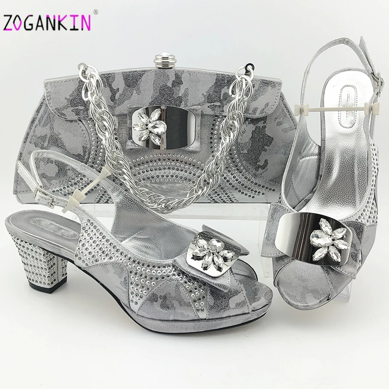 

Fashion Women Silver Color Sandals And Bag Set To Match High Quality Nigerian Shoes With Matching Bags For Wedding Party