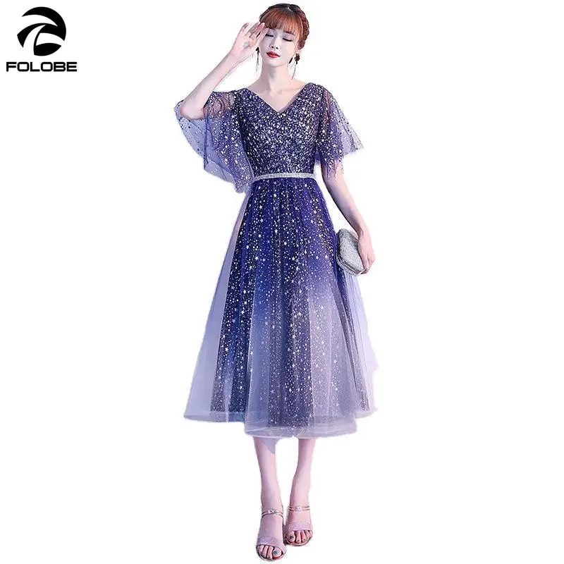 

FOLOBE 2021 Shiny Navy Party Dresses V-neck Flying Sleeve Lace up A-line Tulle Midi length Women Formal Banquet Dress Vestidos