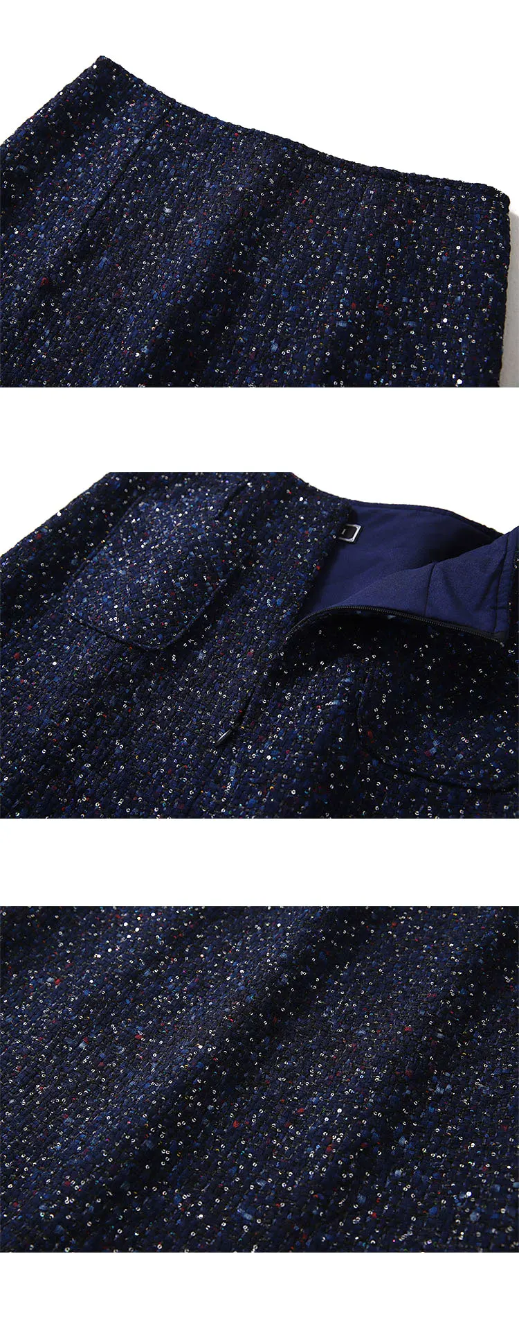 HarlayFashion Женская Высококачественная Весенняя универсальная тонкая прямая шикарная твидовая юбка с блестками Синяя тонкая качественная юбка с кисточками