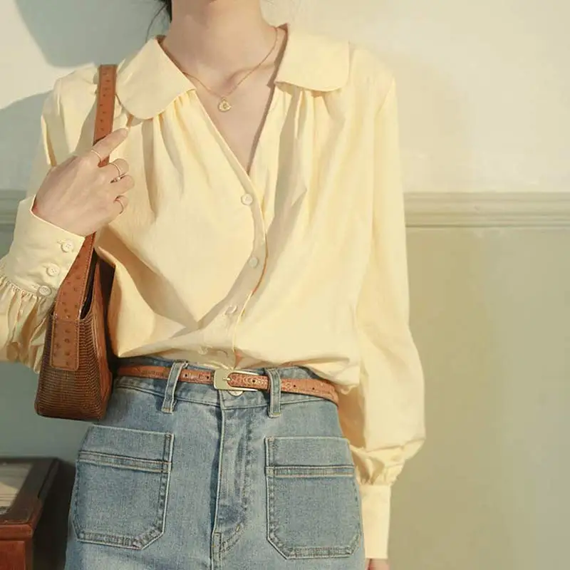 

Lantern Full Sleeve Women Blouses Solid French Vintage Loose Ladies Shirts Daily V-Neck Tops Cotton Womens Blouse