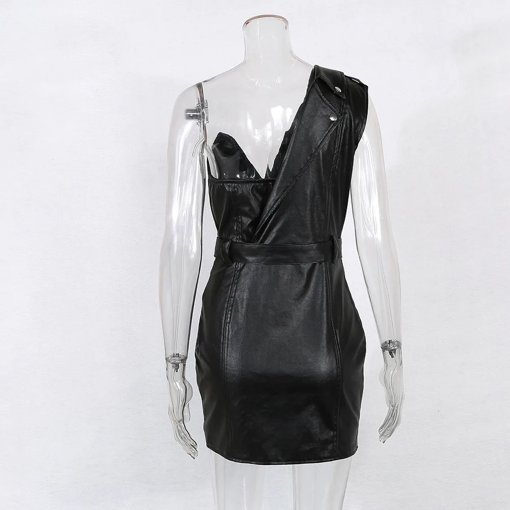 Felyn 2020 Новое поступление пикантное однотонное платье из искусственной кожи на