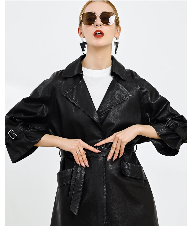 Chaqueta holgada de piel de oveja para mujer, abrigo largo para parabrisas, piel de oveja natural, color negro, 2021, venta al por mayor, 2021