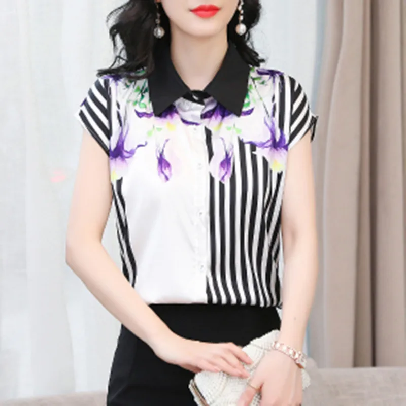 

Korean Summer Shirt Casual Striped Short Sleeve Chiffon Shirt Female Top Polo-Neck Printed Elegant Fashion Blouse Women Clothes