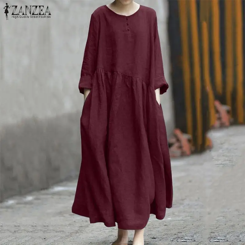 

ZANZEA 2022 Autumn Women Vintage Long Sleeve Sundress Casual O Neck Cotton Vestidos Oversized Solid Long Dress Robe Femme Kaftan