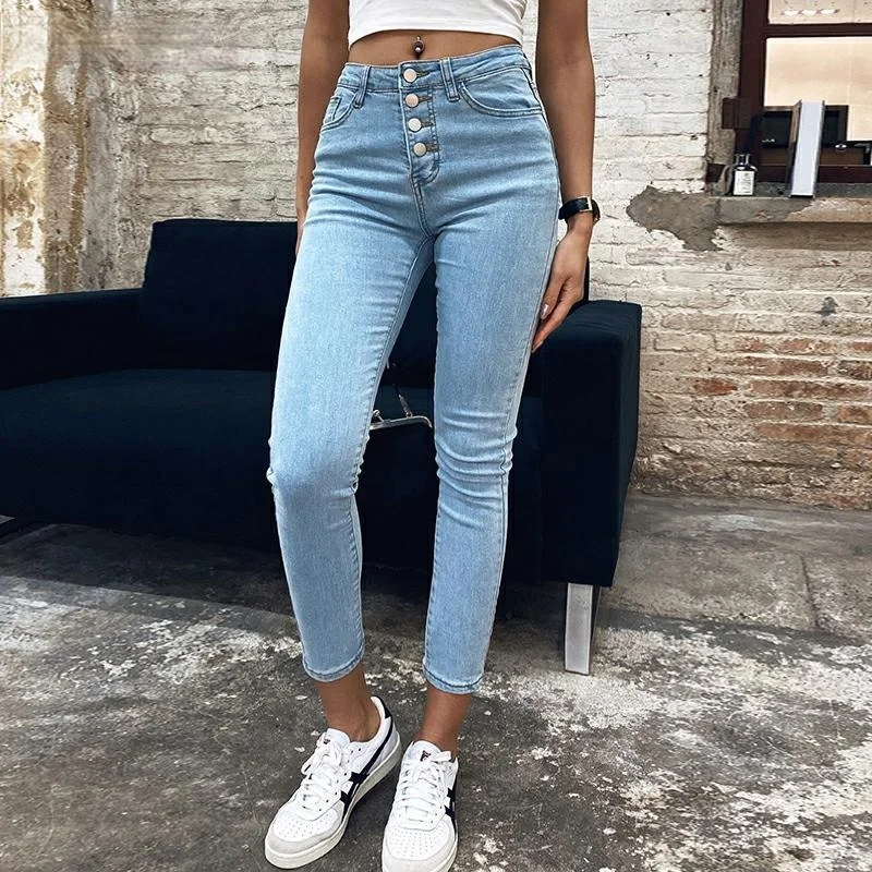 

Summer new elastic high waist jeans women slim waist pants jeans for women