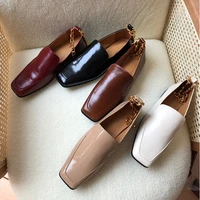 elmsk woman flat shoes new slip on loafers women ins fashion blogger retro cowhide oil skin gold chain square toe shoes women