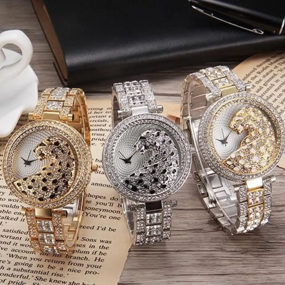 

Women Quartz Watch Fashion Bling Casual Ladies Watch Female Quartz Gold Watch Crystal Diamond Leopard For Women Clock