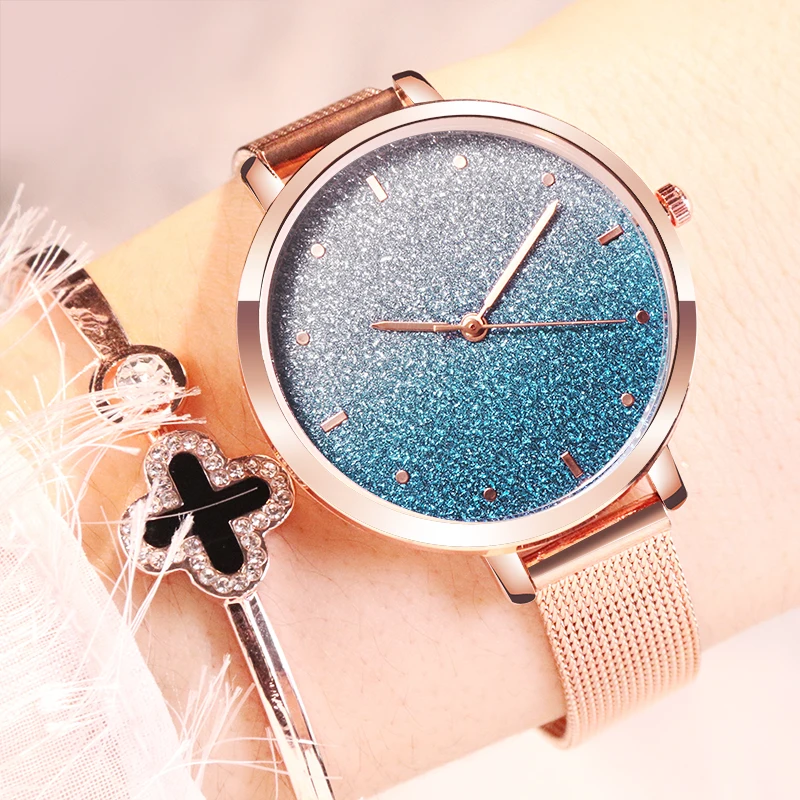 

Роскошные женские часы Романтические розовое золото звездное небо сетка женские часы Relogio Feminino женские часы Reloj Mujer zegarek damski