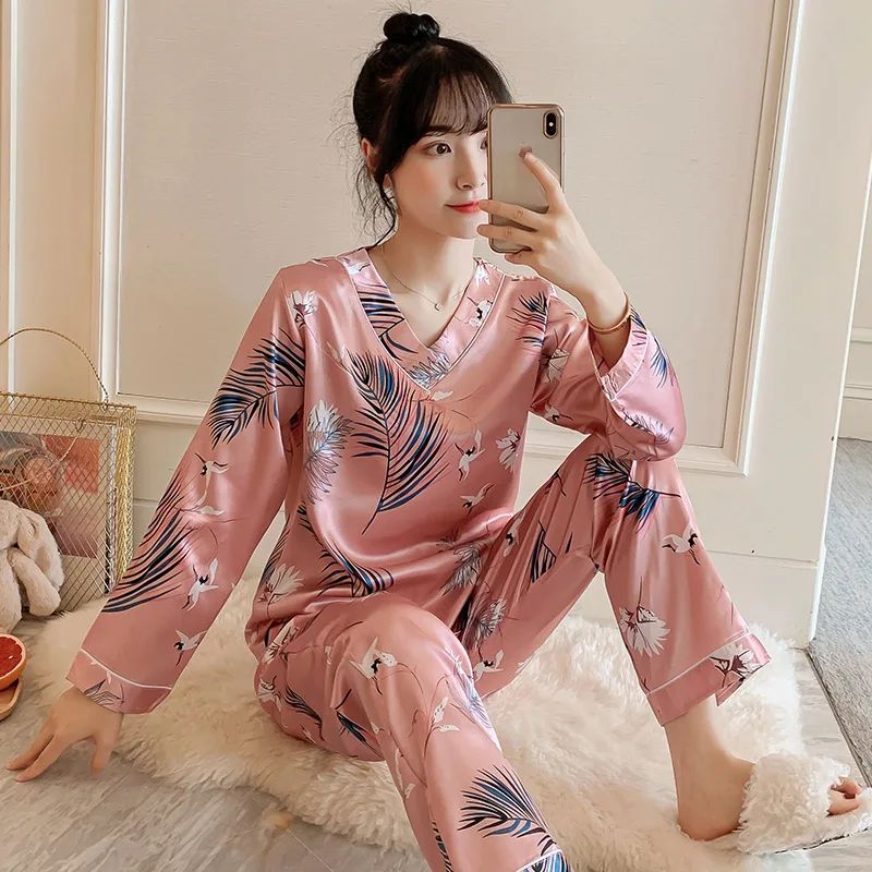 Pajamas Set Women's Silk V-neck Long-sleeved Summer and Autumn Ice Silk Ladies Home Service Suit Satin Nightwear Cartoon Pajamas