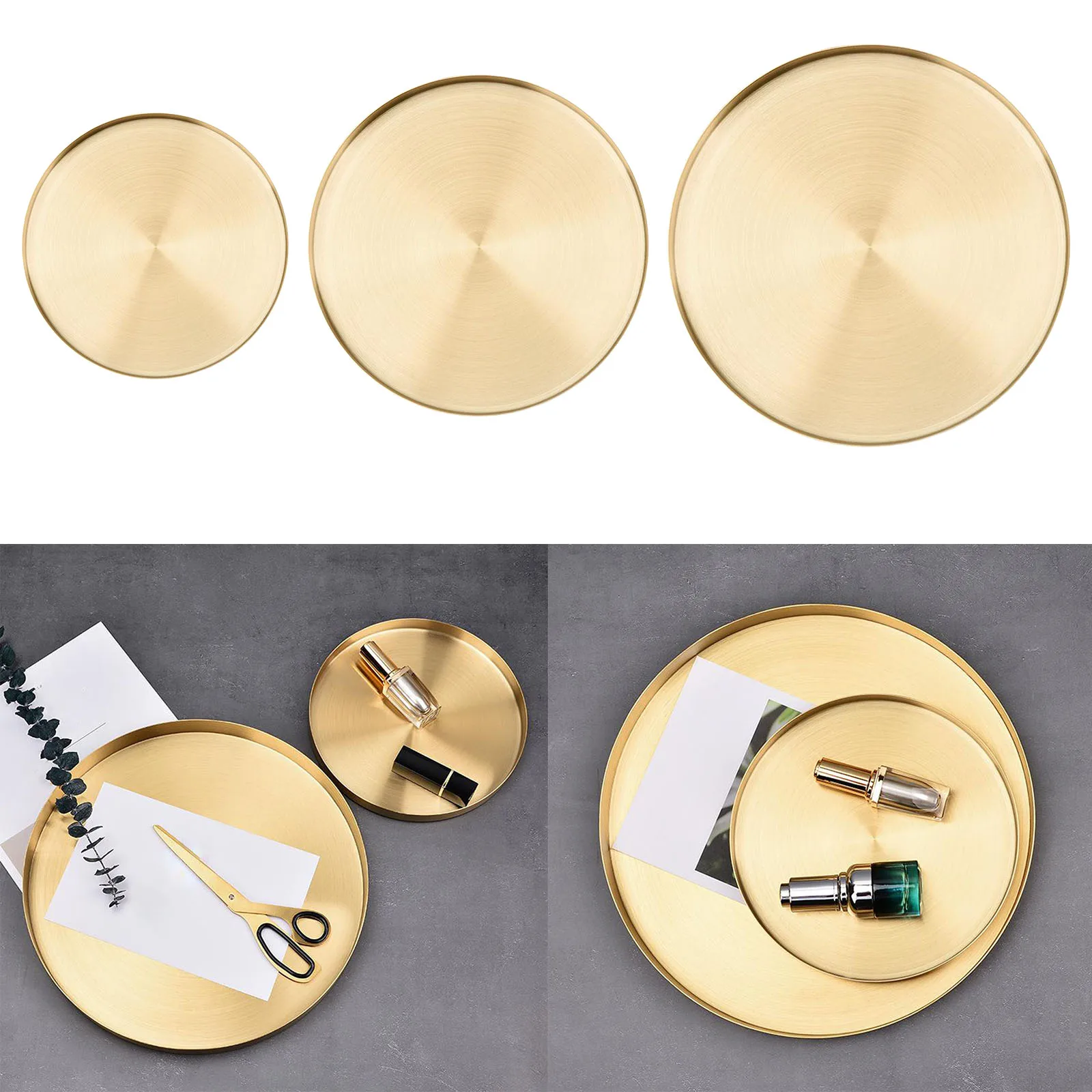 

Exquisite Home Gold Kitchen Space Saving Round Shape Jewelry Display Decorative Storage Tray Desktop Stainless Steel Bathroom