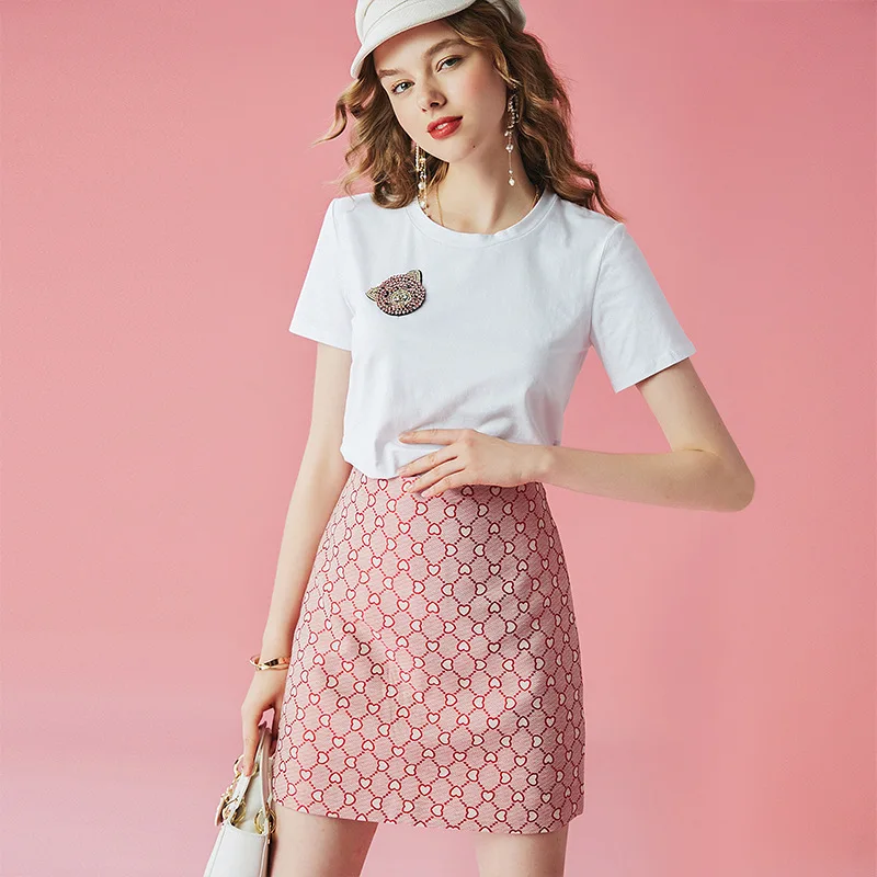 

Summer bead with diamond white T-shirt heart-shaped rhombic jacquard Skirt Set two piece set women clothing