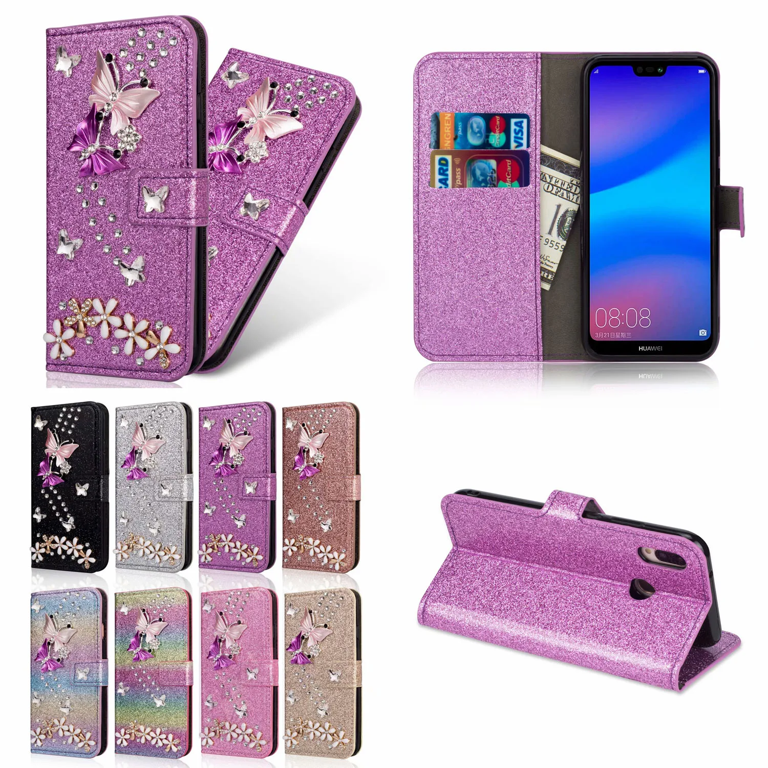 Блестящий чехол для Huawei P40 Lite кожаный флип с 3D изображением бабочки бриллиантов