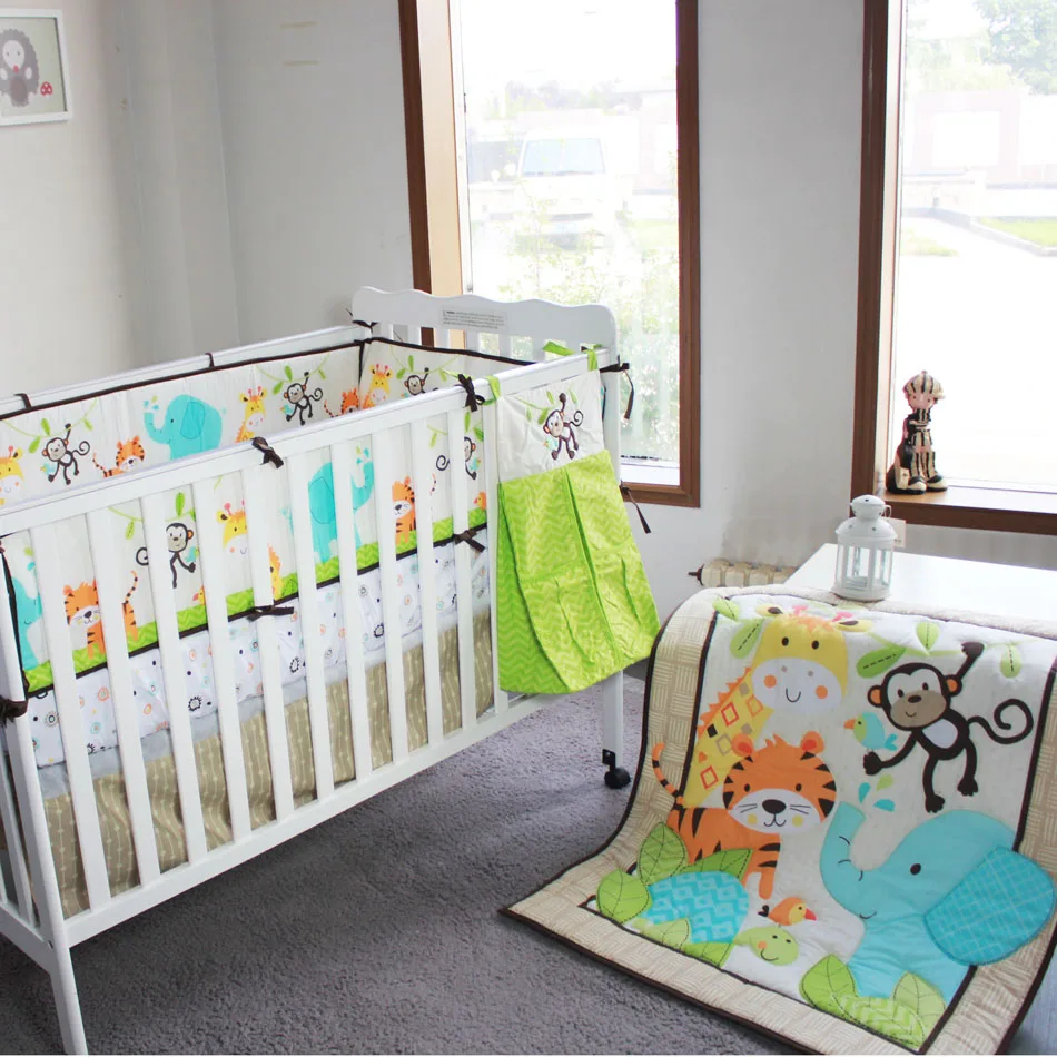 8pcs Baby Bedding Set elephant monkey for new born cot nursery use comforter crib sheet skirt bumpers and nappy stacker | Мать и ребенок