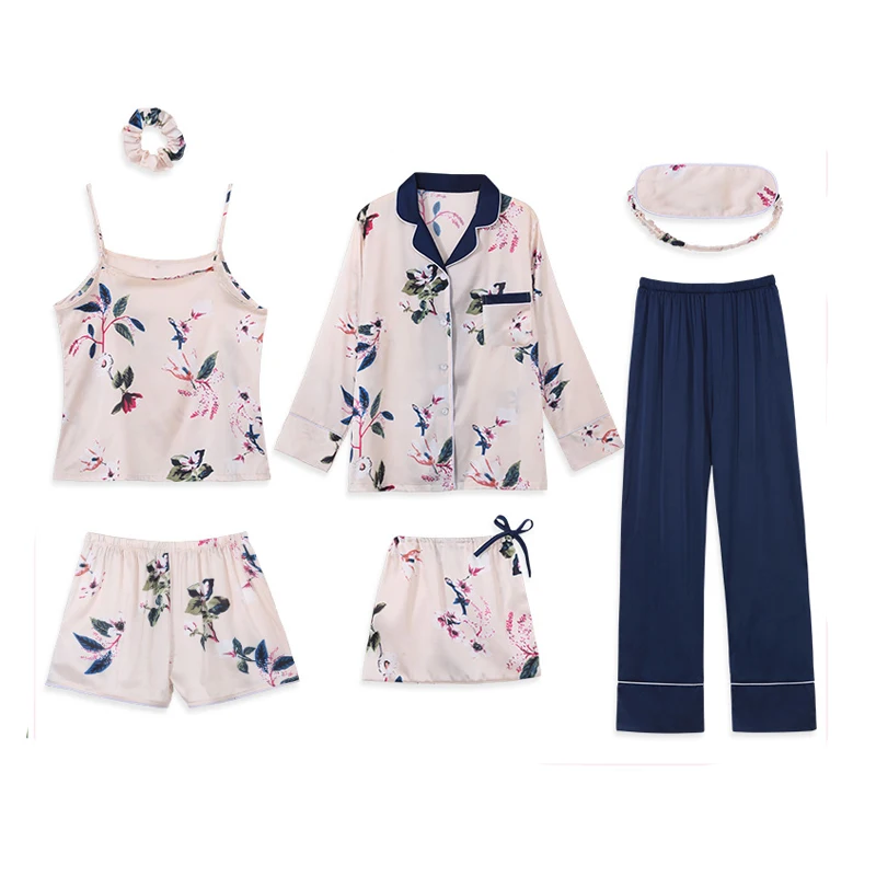 Женская атласная Шелковая пижама 7 шт. для женщин сексуальное нижнее белье