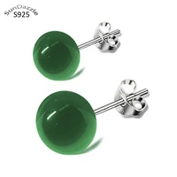 real pure genuine solid 925 sterling silver stud earrings for men women jewelry green chrysoprase calcedony female earrings