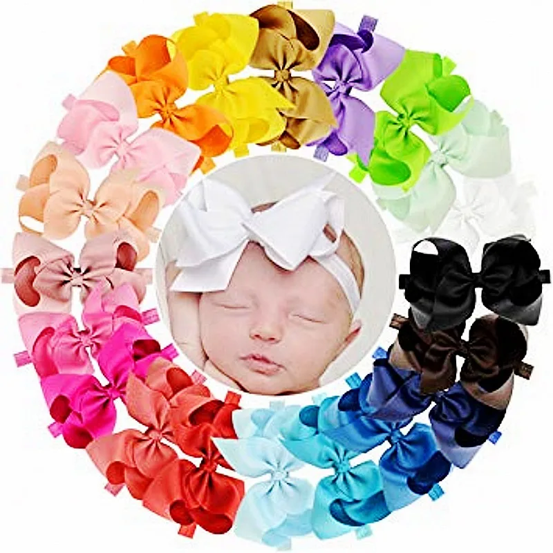 

16 Colors Handmade 6 Inches Grosgrain Ribbon Big Hair Bows Headbands for Baby Girls Infant Toddlers and Kids