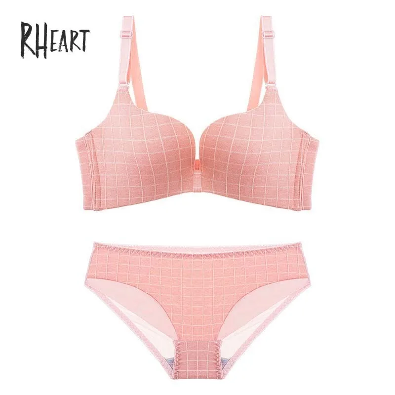 

Roseheart Women Fashion Sexy Lingerie Blue Pink Black One-Piece Straps Wireless Bras Trim Panties Push Up Padded Bra Sets Plaid