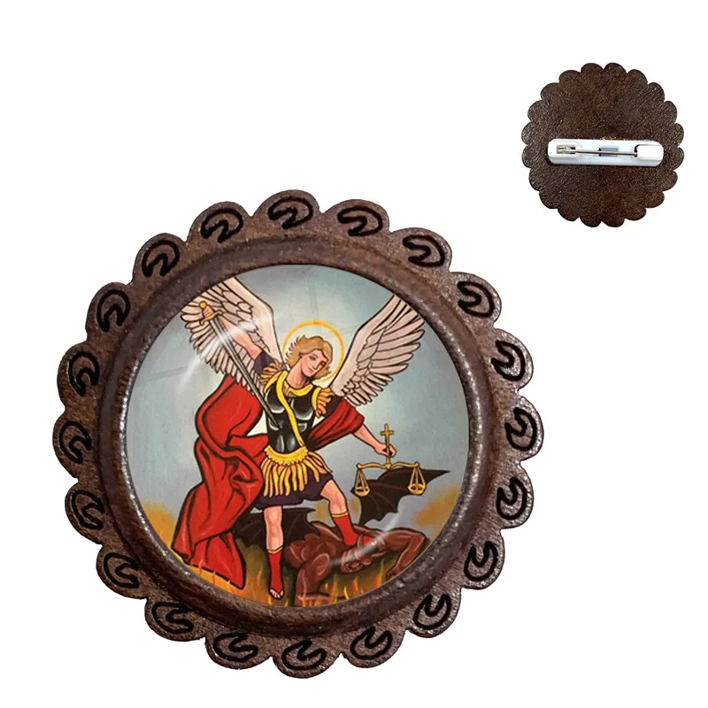 Стеклянный купол деревянная брошь Archangel St.Michael Protect Me Saint Shield защита