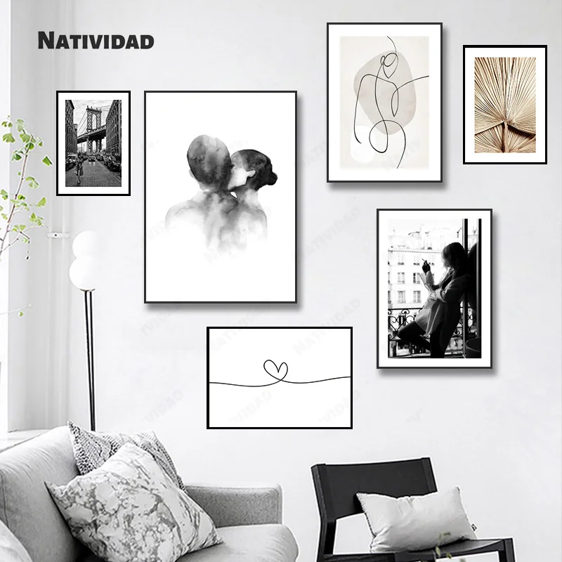 

Black and white picture simple girl hugging French art canvas by the window modern painting impression poster living room canvas
