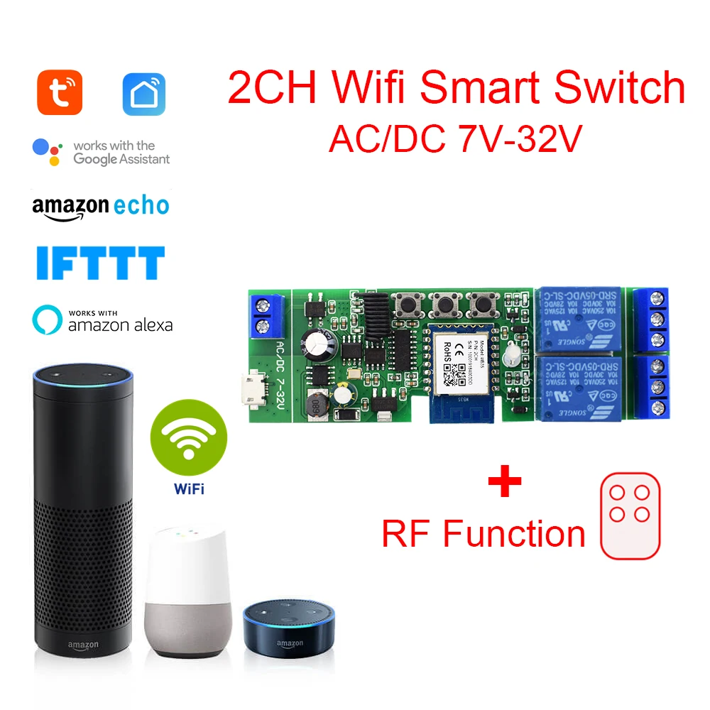 

Tuya Wireless WiFi Smart Home Switch Module WiFi Inching Relay Momentary Self-Locking Interlock for Alexa Google Home