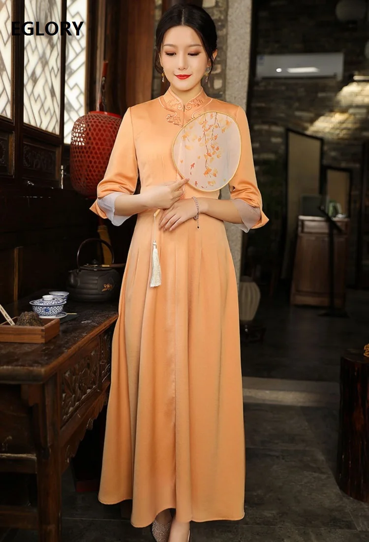 Top Quality Brand Chinese Long Dress Plus Size Clothing Women Luxurious Embroidery 3/4 Sleeve Big Swing Party Vintage Maxi Dress