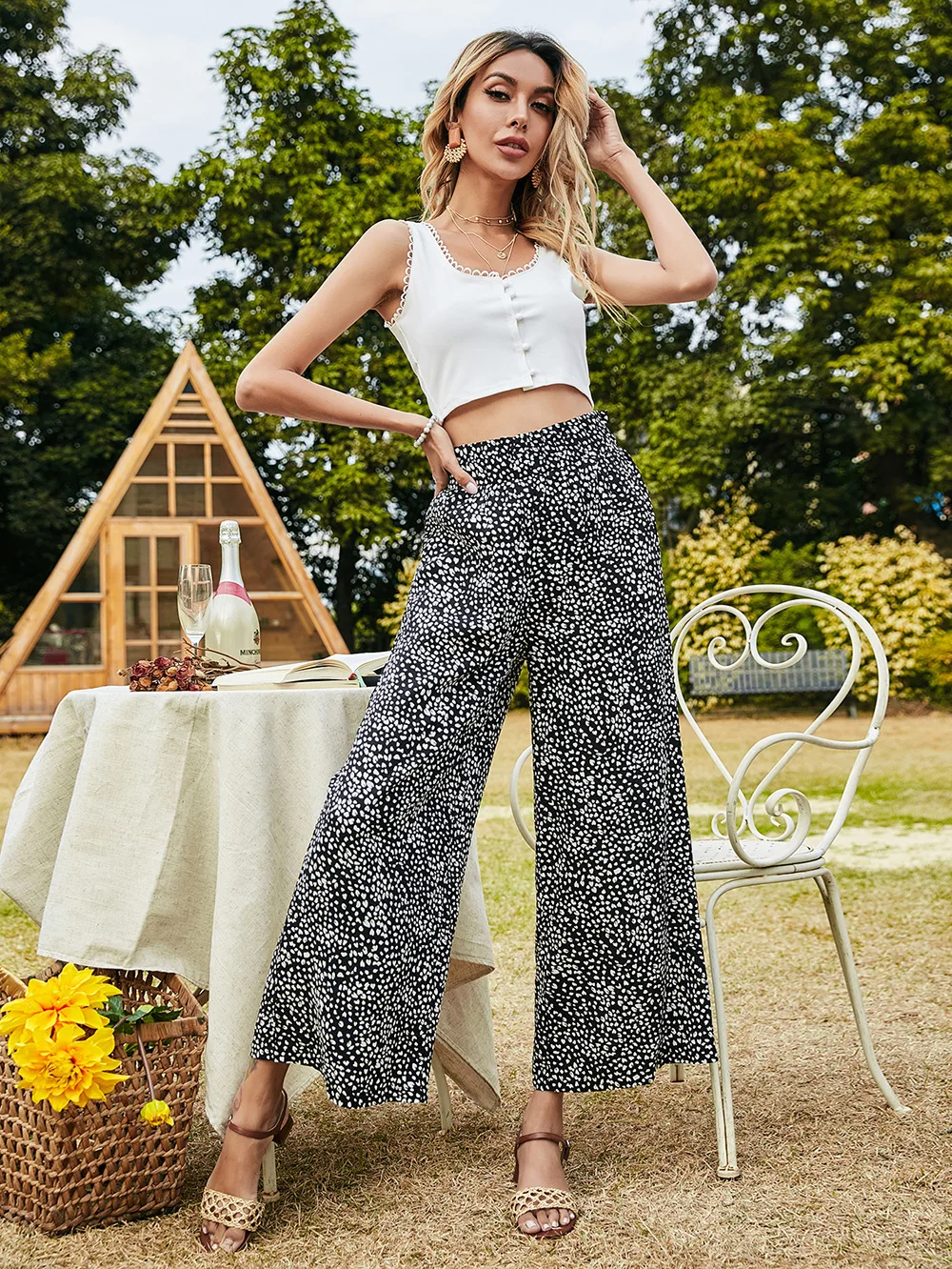 

2021 spring and summer new women's floral wide-leg pants women's loose high-waist straight-leg casual pants